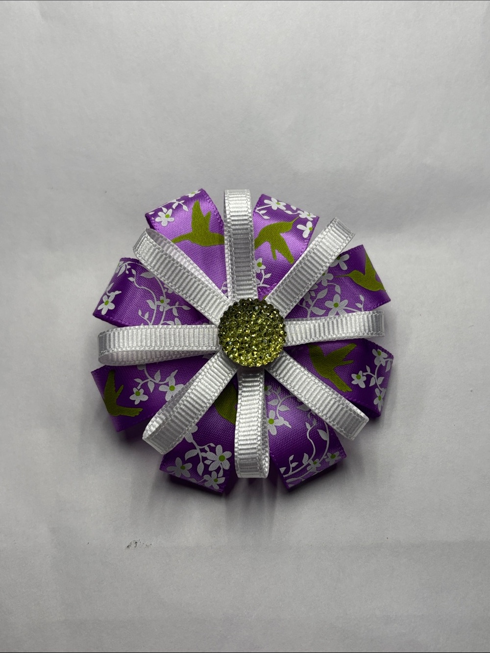 Purple Floral Ribbon Flower Hair Bow with White Accents